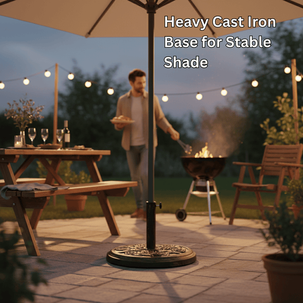 9KG Cast Iron Effect Garden Parasol Base with Floral Rose Design – Heavy Duty, Weather-Resistant & Easy to Assemble for Outdoor Umbrella and Canopy