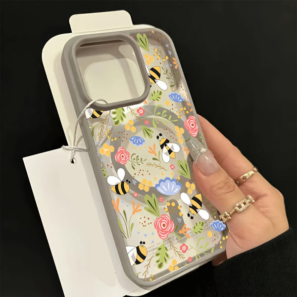 Phone Case: Stylish Floral Bee Phone Case with Wireless Charging, Anti-Drop Light Beige-Friendly Magnetic Cover- Compatible with iPhone 16 Pro Max/15/14 Plus/13/12/11& Samsung Galaxy A56/A55/A54/A36/A35/A26/A25/A16/A15/A06/S25 Ultra/S24 FE/S23