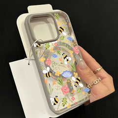 Phone Case: Stylish Floral Bee Phone Case with Wireless Charging, Anti-Drop Light Beige-Friendly Magnetic Cover- Compatible with iPhone 16 Pro Max/15/14 Plus/13/12/11& Samsung Galaxy A56/A55/A54/A36/A35/A26/A25/A16/A15/A06/S25 Ultra/S24 FE/S23