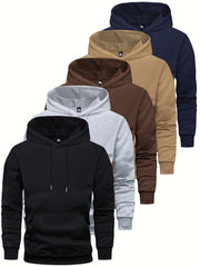5pcs Men's Long Sleeve Sweatshirt Hoodie, Autumn/Winter Solid Color Plain Hooded Pullover with Drawstring Design and Kangaroo Pocket, Men's Casual Sportswear Top