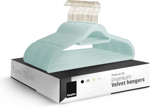KEPLIN Velvet Hangers 20 Pack - Non-Slip Clothes Hangers with Tie Bar & 360° Hook - Durable & Sturdy, Space-Saving Wardrobe Organisers for Suits, Jackets & Clothes- Home Storage Solution (Black)
