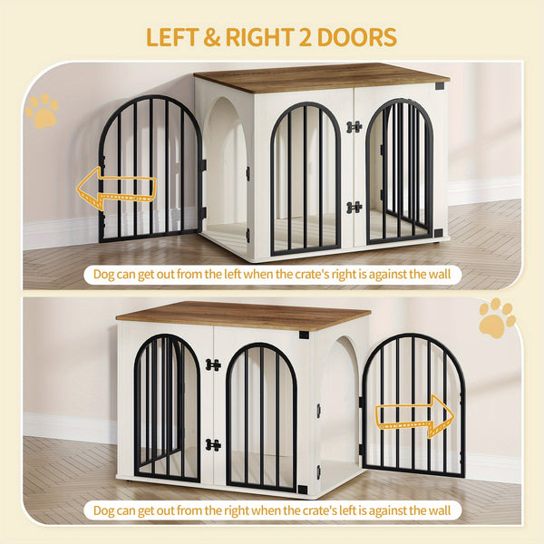 Dog Crate Furniture, 68cm Wooden Dog Crate, Indoor Kennel for Small Dogs, End Side Table Animal Crates, Anti-Chew, Anti-Escape, Arched Door Design, White Brown