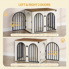 Dog Crate Furniture, 68cm Wooden Dog Crate, Indoor Kennel for Small Dogs, End Side Table Animal Crates, Anti-Chew, Anti-Escape, Arched Door Design, White Brown