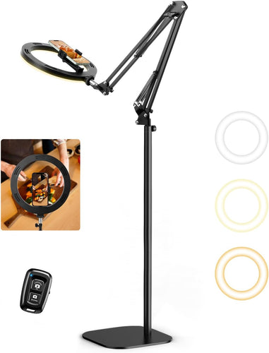 Evershop Ring Light with Tripod Stand & Phone Holder Overhead Phone Camera Mount with Remote Control,10” Circle Ringlight Flexible 70.8” 360° Rotatable Lamp for Video,Photo,Painting,Make Up,Cri>95