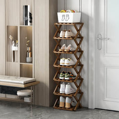 4/5/6/7 Tiers Bamboo Wooden Shoe Rack, Vertical Shoe Racks Storage Shelves Tall Shoe Tower, Collapsible Narrow Shoe Stand, Installation Free Folding X-Shape Shoe Racks Sneakers Slippers Holder Organizer, Multi Functional Shoe Rack Durable Footwear Cabinet