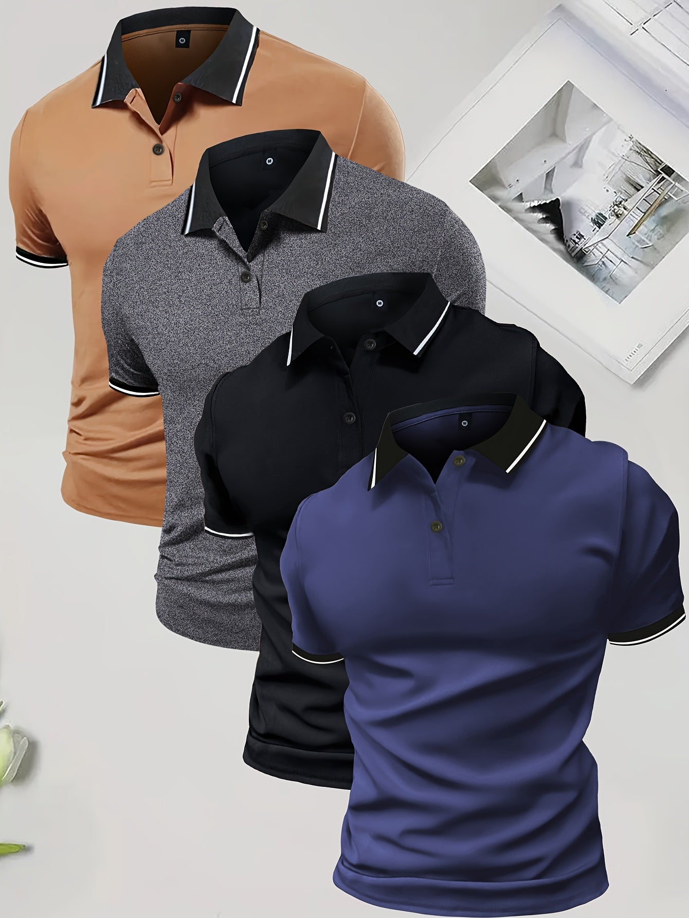 4pcs Set of Summer Lapel Men'S Polo Shirts Solid Color Short Sleeve Multicolor Golf Shirts Workwear Casual Athletic Wear Men'S Top