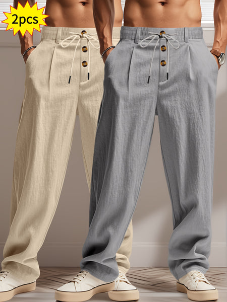 2pcs Men'S Linen Solid Color British Business Casual Straight Leg Pants with Drawstring Elastic Waistband And Button Design Casual Long Trousers Suitable for Outdoor Travel Fitness Exercise And Daily Wear Casual Outdoor Pants Linen Long Pants Lightw