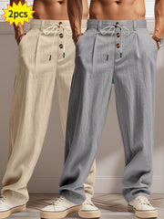 2pcs Men'S Linen Solid Color British Business Casual Straight Leg Pants with Drawstring Elastic Waistband And Button Design Casual Long Trousers Suitable for Outdoor Travel Fitness Exercise And Daily Wear Casual Outdoor Pants Linen Long Pants Lightw