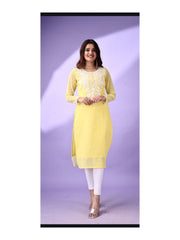 Estationeryhouse Women's Georgette Lucknowi chikankari kurti, Rose Design with Heavy Embroidery, Without Bottom