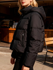 Fitted Detachable Hooded Puffer Jacket, Women Winter Basic Warm Coat with Removable Hood Zip Deep Pockets