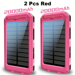 2pcs 20000mAh Portable Solar Power Bank, Portable Solar Mobile Phone Charger, Camping External Battery Charger for Mobile Phones, 2 USB/ LED Flashlights with Compass for Outdoor Activities
