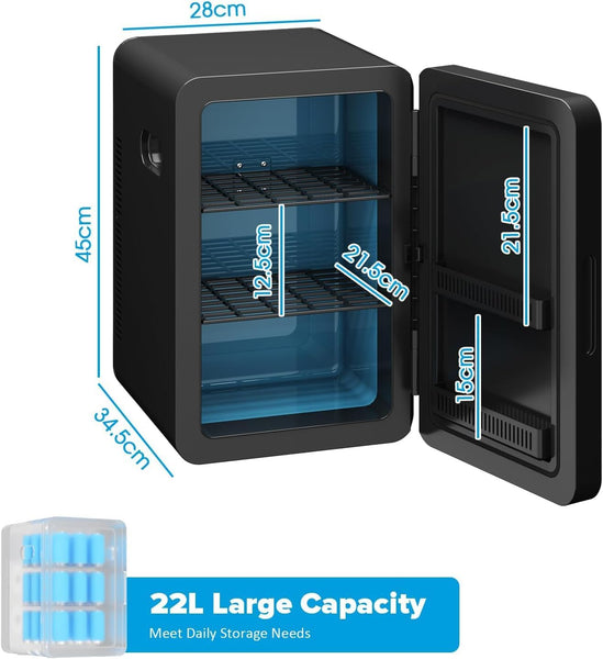 Mini Fridge 22L/ 30 Cans Cooler and Warmer Portable Mini Fridge for Bedrooms with Adjustable Shelves, AC+12V DC Small Fridges for Car, Office, Travel, Skincare, Cosmetics, Drinks (Black)