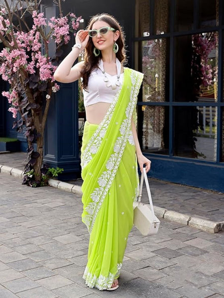 Estationeryhouse Women's Georgette Embroidery Border Work Designer Saree with Blouse Piece