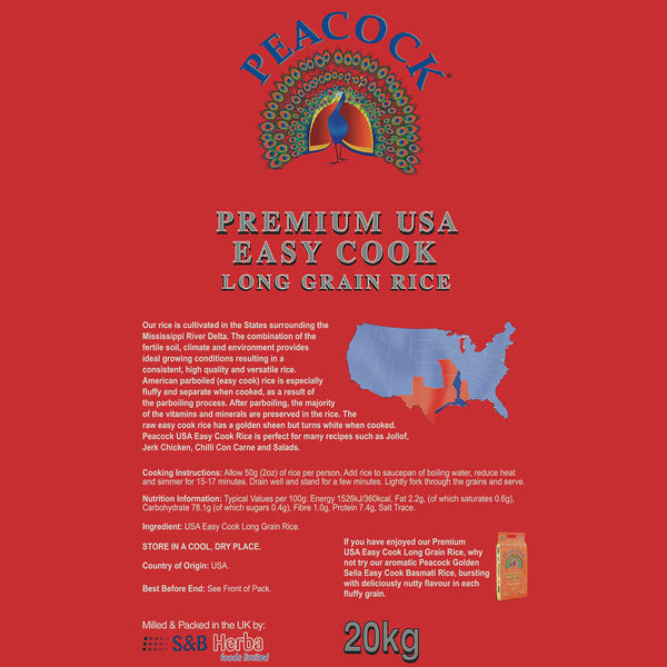 Peacock Premium USA Easy Cook Long Grain Rice, 20Kg