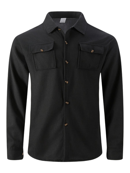 Men's Two-Piece Set, Autumn-Winter Casual Fashion Beach Dual Pocket Turn Collar Long Sleeve Shirt + Trousers Outfit for Fall/Winter Hawaiian Vacation