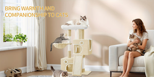 98cm Cat Tree, Cat Tower for Indoor Cats, Multi-Level Cats House Furniture with Scratching Post, 2 Caves, Large Platform, Scratching Ramp, Pompom, Light Grey