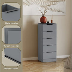 Modern 5 Drawer Narrow Chest of Drawers Dresser Space Saving Storage Organizer Bedroom Furniture