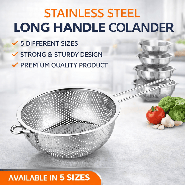 STL Steel Colander with Long Handles and Deep Base Micro-Perforated Strainer for Draining Pasta, Rice, Vegetables & Fruits, Dishwasher Safe Kitchen Metal Food Filter, Easy to Clean and Durable