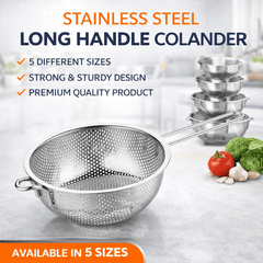 STL Steel Colander with Long Handles and Deep Base Micro-Perforated Strainer for Draining Pasta, Rice, Vegetables & Fruits, Dishwasher Safe Kitchen Metal Food Filter, Easy to Clean and Durable