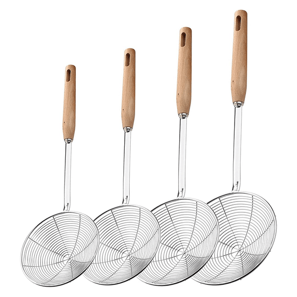 AEX Stainless Steel ladle Frying Spoon Strainer with Wood Handle Pasta Strainer Wooden Spoons Cooking Utensils for Kitchen Cooking Frying Food Ladle Spider Skimmer Mesh Strainer Skimmer Frying Spoons Spider Strainer Skimmer Wire Skimmer Ladle Kitchen Uten