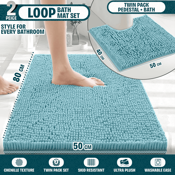 2-Piece Loop Bathroom Mat Set | Soft Chenille Microfiber Rugs with Non-Slip Backing | Machine Washable | Includes 50x80cm Bath Mat & 50x40cm Pedestal Mat | Stylish, Comfy & Durable | UK STOCK | LOCAL WAREHOUSE
