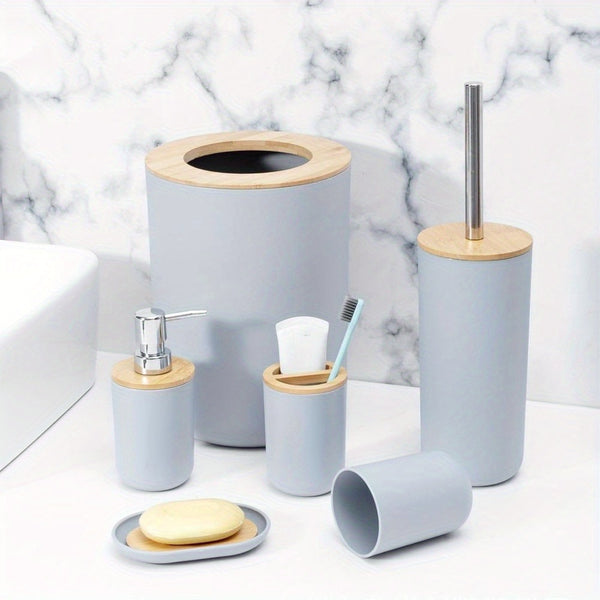 6pc Grey Black White Bathroom Accessories- Bathroom Bin And Toilet Brush Set- Durable Toothbrush Holder Cup- Soap Dispenser With Pump- Soap Dish Holder