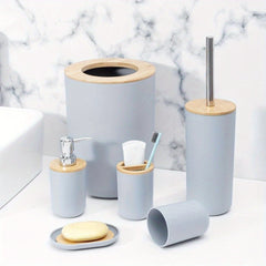 6pc Grey Black White Bathroom Accessories- Bathroom Bin And Toilet Brush Set- Durable Toothbrush Holder Cup- Soap Dispenser With Pump- Soap Dish Holder