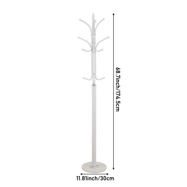 12-Hook Stylish Freestanding Coat Rack, Column-style Heavy Duty Metal Hat Stand with Solid Marble Base, 180cm Tall 4.7cm Thick Pole, Gold Black White Finish for Hallway, Office, Boutique Display