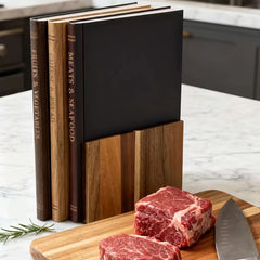 Book-shaped Cutting Board Three-Piece Set with Base | Acacia Wood Kitchen Decorative Cutting Board with Wooden Stand | Ideal for Cheese, Bread, and Deli Display | Multifunctional, Eye-catching Countertop Decoration