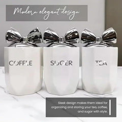 White Silver 3-Piece Marble Effect Ceramic Tea, Coffee & Sugar Canisters – 15x11cm Kitchen Storage Jars with Silver Bow Lid, Crystal Style Containers for Home Décor, Dining Table & Gift Set