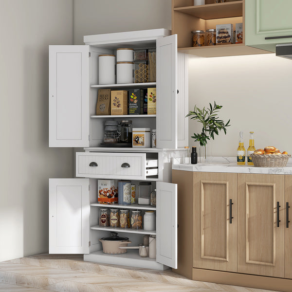 183 cm Tall Kitchen Cabinet, Freestanding Storage Cabinet with 4 Doors, Drawer and Adjustable Shelves, Kitchen Cupboard for Dining Room, White