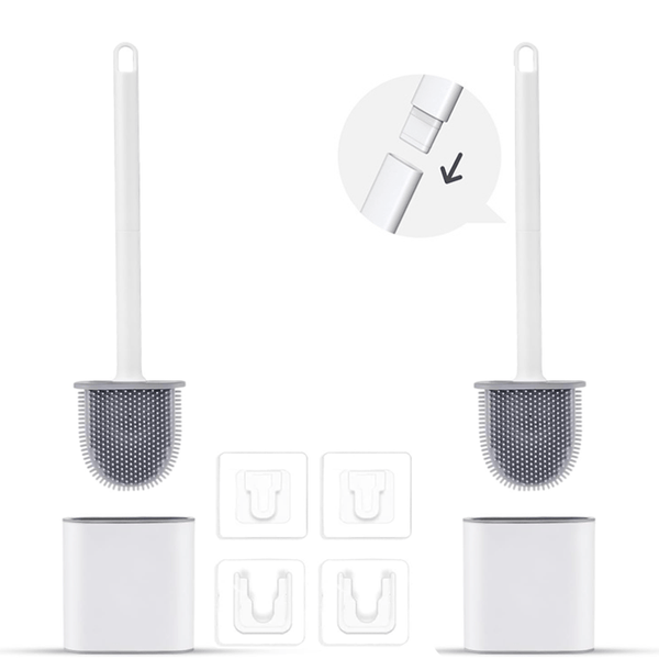 2pcs Toilet Brush, 2 Pack Bathroom Silicone Toilet Brushes and Holder Sets Flat Toilet Brush with Long Handle, Quick Drying Loo Brush and Holder for Bathroom, Base Flooring/Wall Mounted, White