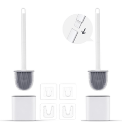 2pcs Toilet Brush, 2 Pack Bathroom Silicone Toilet Brushes and Holder Sets Flat Toilet Brush with Long Handle, Quick Drying Loo Brush and Holder for Bathroom, Base Flooring/Wall Mounted, White