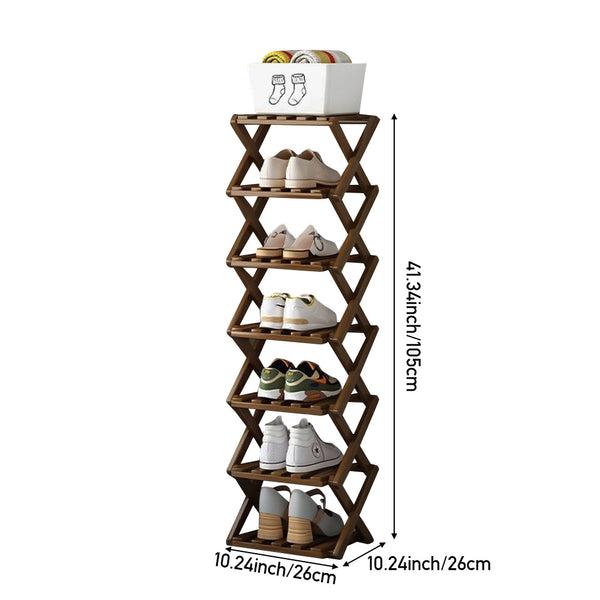 4/5/6/7 Tiers Bamboo Wooden Shoe Rack, Vertical Shoe Racks Storage Shelves Tall Shoe Tower, Collapsible Narrow Shoe Stand, Installation Free Folding X-Shape Shoe Racks Sneakers Slippers Holder Organizer, Multi Functional Shoe Rack Durable Footwear Cabinet