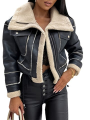 Women'S Autumn And Winter Lamb Casual Jacket, Motorcycle Style Flap Pocket Warm Coat, Drawstring Hem