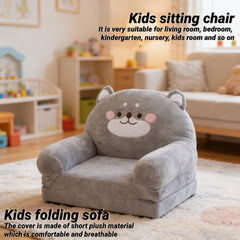 Cozy Kid Folding Sofa, Plush, Washable Lounge Chair for Playroom & Nursery, Gray Dog Style Foldable Wide Handle Soft Breathable Toddler Chair for Reading Relaxing Sleeping(2 Layers)