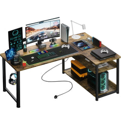 L Shaped Gaming Desk with Power Outlets Corner Computer Desk 110x80CM with Shelves Headphone Hook PC Table Workstation for Home Office Bedroom