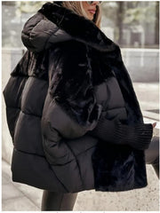 Women's Relaxed-fit New Patchwork Coat with Hooded Design, Dropped Shoulders, Plush Fabric, and Concealed Front Zip Fastening. Ideal for Winter Leisure Wear, Street Style Outfits, and Everyday Outings.