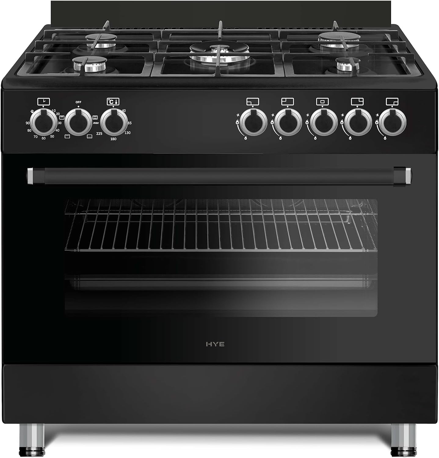 HYE Freestanding Gas Cooker 90Cm with Large Single Electric Oven, 5 Gas Burners, Timer, Child Lock, Accessories, Digital Controls, Adjustable Alarm & Modern Black Finish – C01FS90G17 [2025]