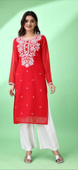 Estationeryhouse Women's Georgette Lucknowi chikankari kurti, Rose Design with Heavy Embroidery, Without Bottom