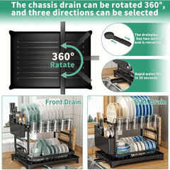 Premium 2-Tier Heavy-Duty Rustproof Dish Drying Rack with Drainboard & Utensil Holder - Space-Saving Kitchen Organizer with Upper & Lower Shelves, Dishwasher-Safe Design, Compact Countertop Storage for Plates, Bowls, Pots, Pans, Utensils - Sturdy Black Fr