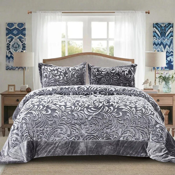 3pcs Embossed Bedspread Set - Coverless Comforter with 2 Pillow Shams, Lightweight All-Season Bedding - Soft Teddy Fleece Bedspread