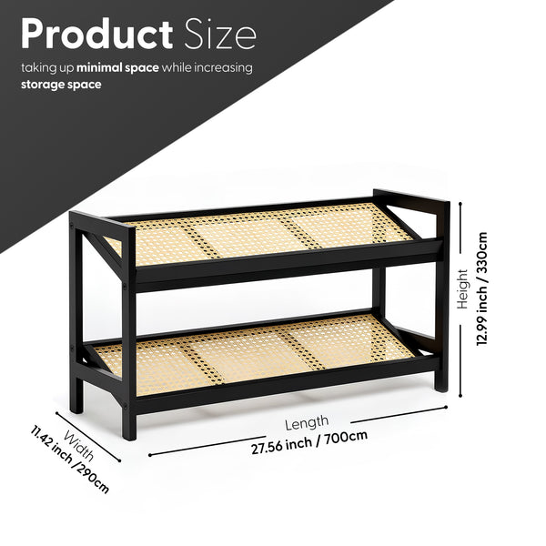 KEPLIN 2/3/4-Tier Bamboo and Rattan Shoe Rack Organizer – Durable, Easy Assembly – Compact Design for Entryway, Closet, or Hallway – Stylish and Functional Storage – Black and Natural