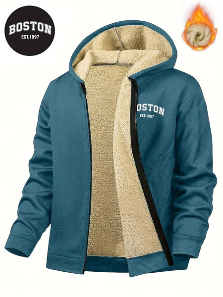 Men's Casual Zip-Up Hooded Jacket with Letter Print, Black & Beige Contrast, Regular Fit, Machine Washable, Front Pockets for Outdoor & Casual Attire