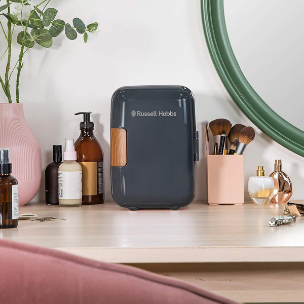 Russell Hobbs RH4CLR1001SCG 4L/6 Can Mini Portable Cooler & Warmer for Drinks, Cosmetics/Makeup/Skincare, AC/DC Power, Scandi Style, Grey & Wood Effect, for Bedroom, Home, Caravan, Car
