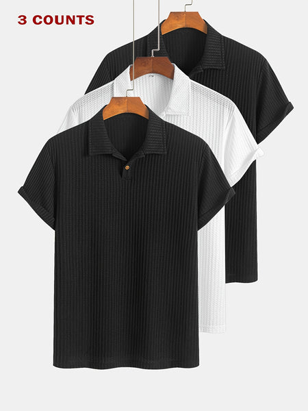 3pcs Set of Summer Casual Sporty Jacquard Knit Short-Sleeve Polo Shirts, 3pcs Jacquard Texture Short-Sleeve Polo Tops
