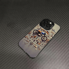 Phone Case - A Colorful Silver Phone Case Featuring a Retro Motorcycle Parts Disassembled Art Design, Compatible with Various for Iphone Including for Iphone 17 Pro Max, 16, 15, 14, 13, 12, And 11 Series, Designed to Be Stylish And Anti-Fall