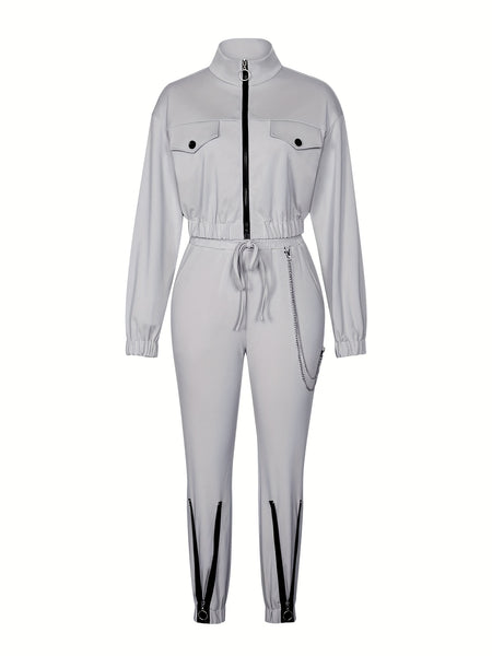 Cross-Border Women'S Two-Piece Set Zipper Long-Sleeved Top Pants Stitching Zipper Design Casual Suit
