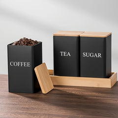 Set of 3 Cast Iron Kitchen Canisters with Wooden Lids