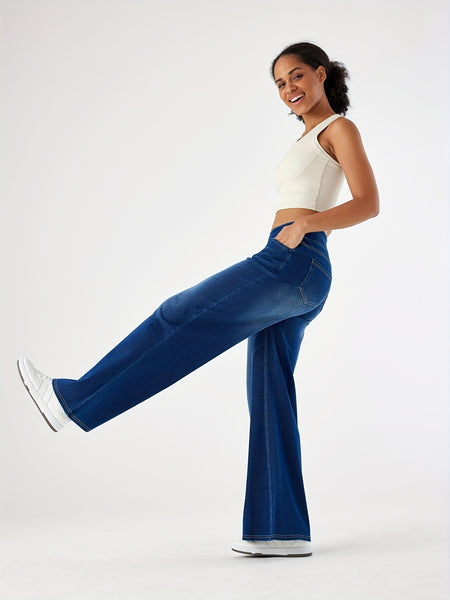 Women'S High-Waist Stretch Denim Wide-Leg Pants with Multiple Pockets, Distressed Vintage Casual Denim Long Pants